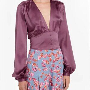 Divine Heritage Size M Silk Lilac Wine Button-Up Deep V Blouse Long Sleeve
